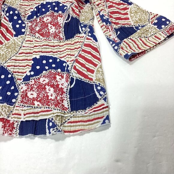 CJ Banks Colorful Patterned Blouse Crinkled Button Front Collar 1X Mid Sleeve - Picture 7 of 14